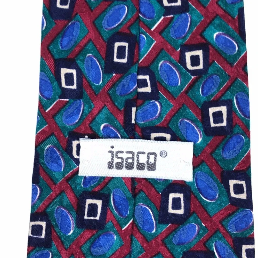Men's vintage Isaco 100% Silk Tie Handmade Abstract Blue Red Multicolor Necktie